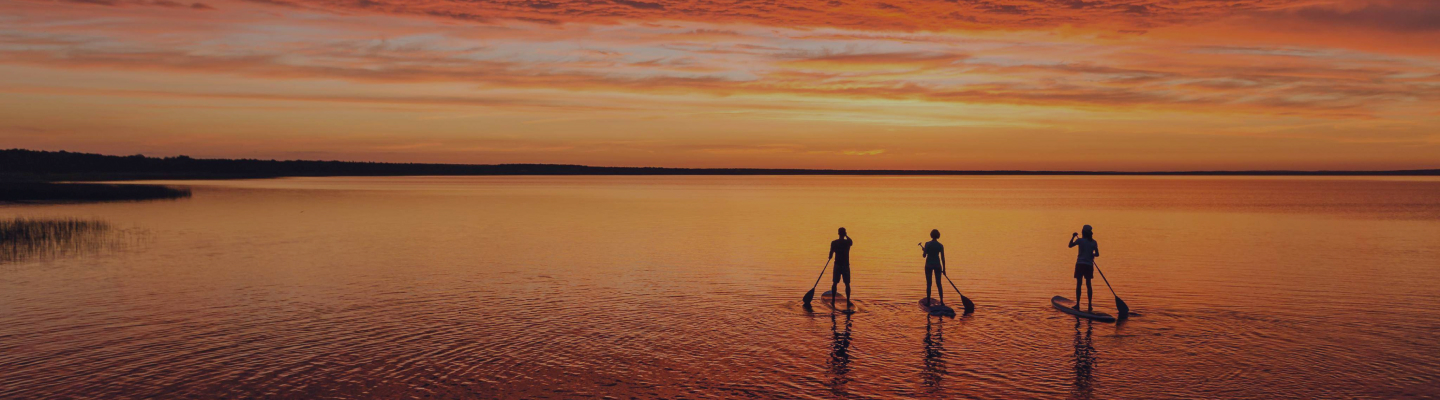 A group of three friends on stand up paddle boards in the ocean watching the sunset